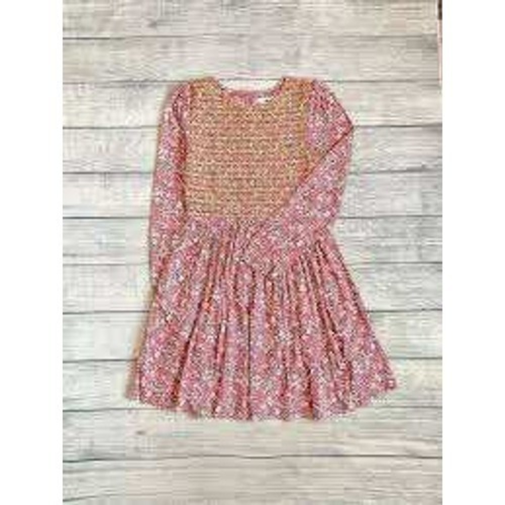 Mini Boden dress shirred elastic bodice 7-8Y pink yellow floral summer church ec
